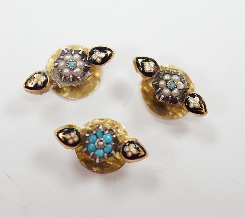 A small pair of antique yellow metal, two colour enamel, turquoise and seed pearl dress studs, 15mm and one other similar dress stud, gross weight 1.4 grams.